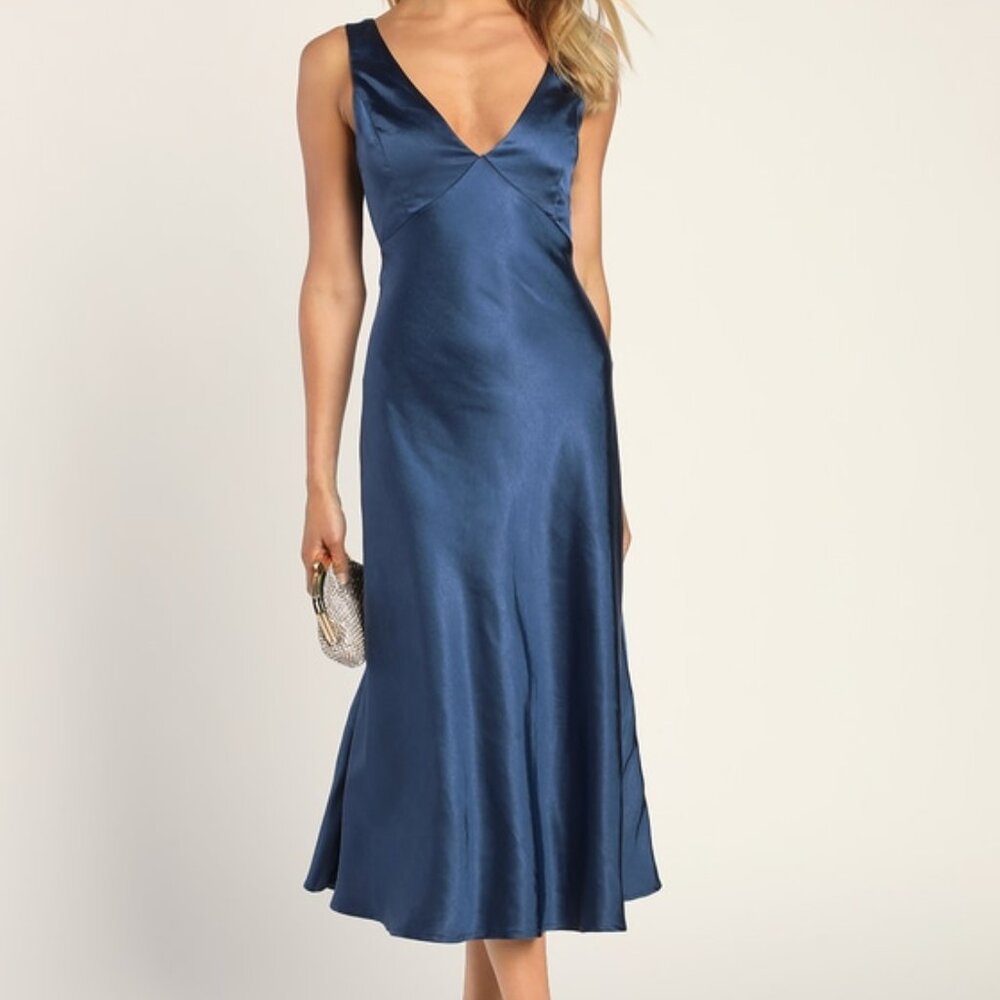 Lulus Incredible Love Navy Satin Cowl Back Midi Slip Dress Blue